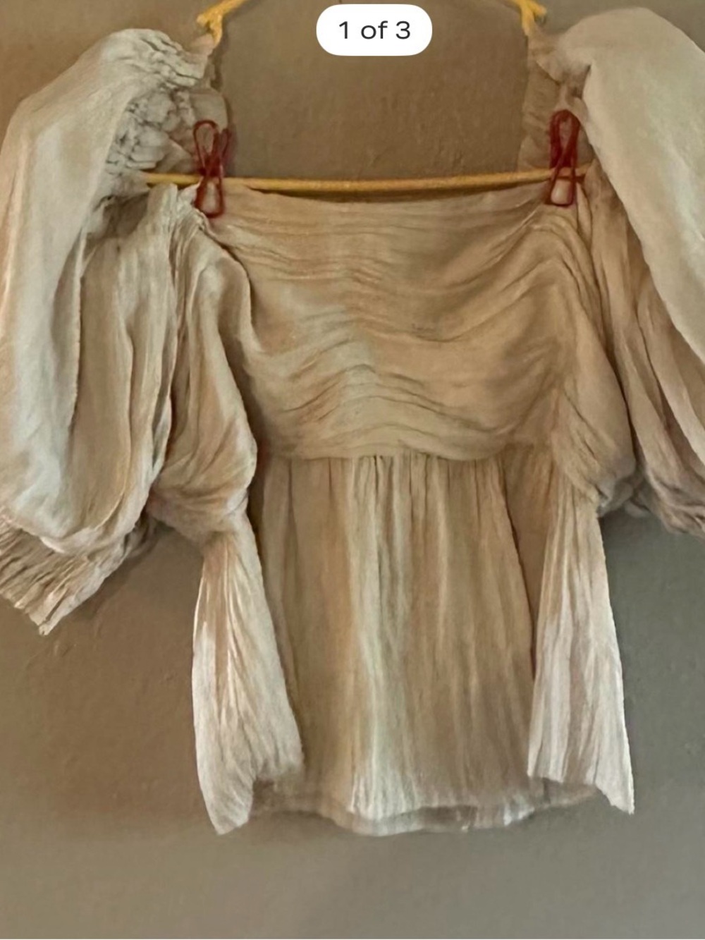 FRAME Ruched Crop Puff Sleeve Blouse Off-White Cream Size XL